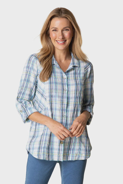 Habitat Blurred Plaid Boyfriend Shirt-Blue Sky