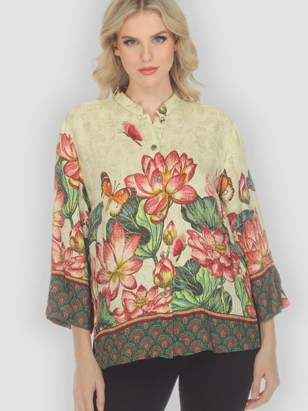 Citron 3/4 Sleeve Mandarin Blouse-Lotus Embroidery Print