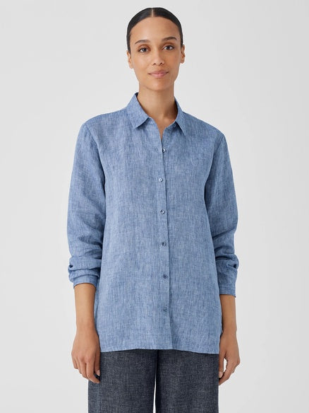 Eileen Fisher Yarn-Dyed Organic Linen Shirt-Chambray